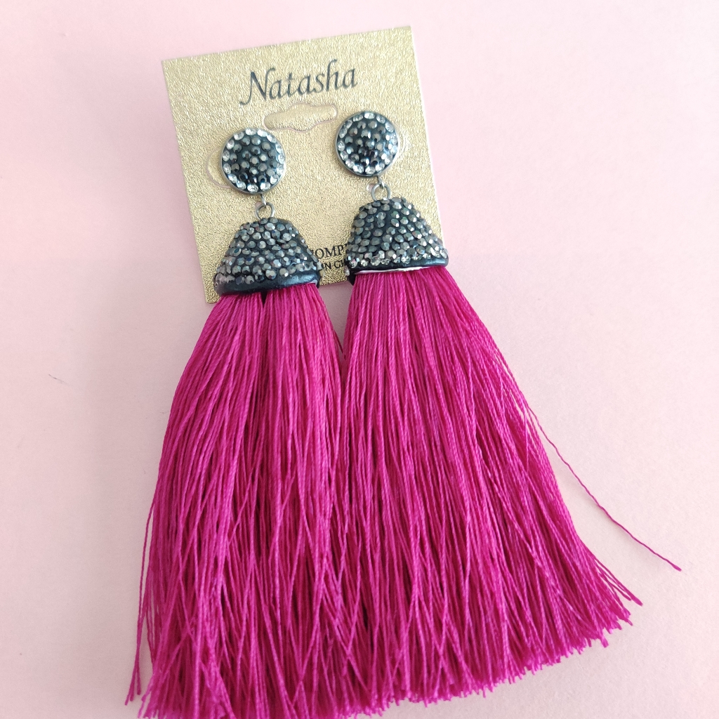 Natasha Pave Crystal Fuchsia Tassel Earrings 23$